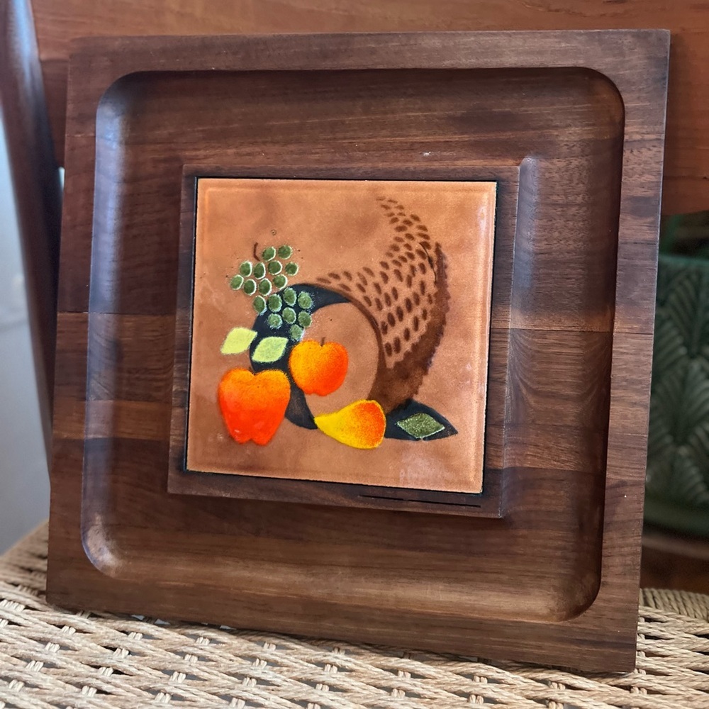 Vintage MCM Wood Serving Tray w Metal Inlay Cornucopia Harvest 12x12 Boho Decor